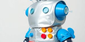 Buntes Roboterkostüm für Kinder mit silbernem Stoff.