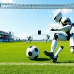 Roboter spielen Fußball auf einem grünen Feld.