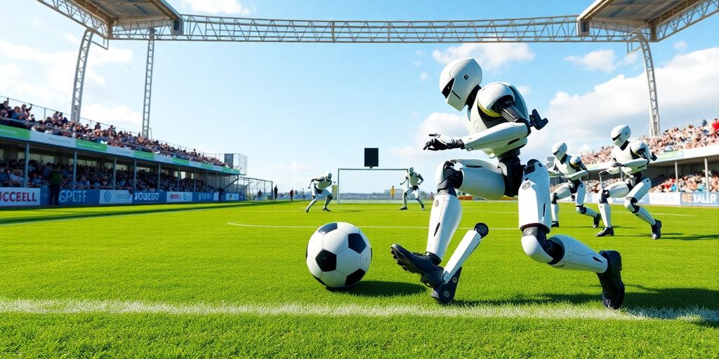 Roboter spielen Fußball auf einem grünen Feld.